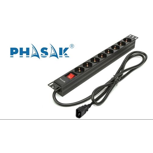 Regleta PHASAK rack 19" 8 tomas Salida Schuko, conector Entrada IEC C14, con interruptor, 2m Negra