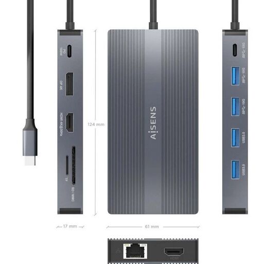 ADAPTADOR Docking USB Tipo-C Aisens ASUC-12P017-GR/ 2xHDMI/ 4xUSB/ 1xUSB Tipo-C/ 1xRJ45/ 1xDisplayPort/ 1xLector Tarjetas/ 1xUSB Tipo-C PD/ Gris