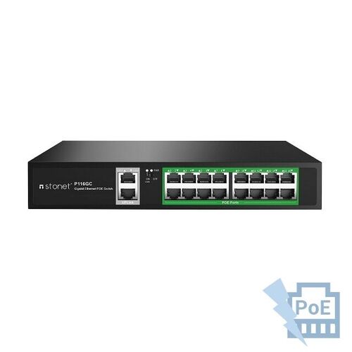 Switch PoE 16 puertos STONET P116GC  802.3af/at  Gigabit+2 puertos Gigabit UP-Link. Hasta 200 W